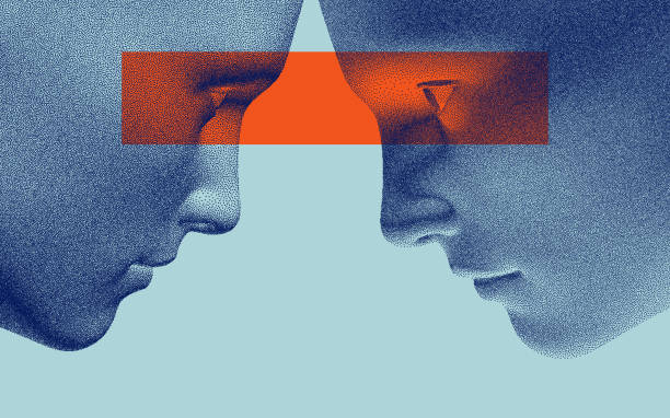 stockillustraties, clipart, cartoons en iconen met man talking to his partner with eye contact. two opponents facing each other. conflict. the concept of rivalry. emotional connection, relationships, exchange of ideas or telepathy. 3d vector. - rel