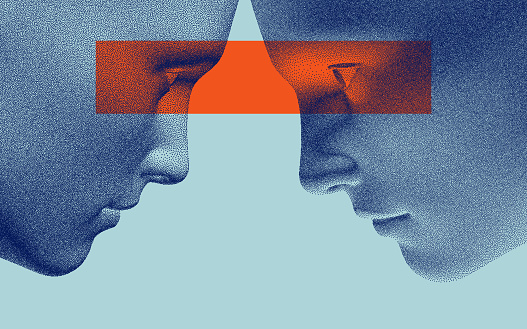 Man talking to his partner with eye contact. Two opponents facing each other. Conflict. The concept of rivalry. Emotional connection, relationships, exchange of ideas or telepathy. 3d vector.