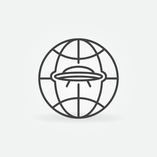ilustrações de stock, clip art, desenhos animados e ícones de earth globe with ufo vector extraterrestrial civilizations concept linear icon - map the future of civilization