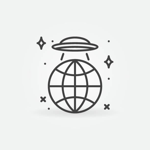 ilustrações de stock, clip art, desenhos animados e ícones de ufo over the earth globe vector concept line icon or sign - map the future of civilization