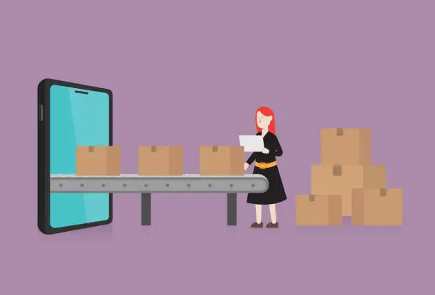 Vector illustration of Businesswomen ship a package to a customer