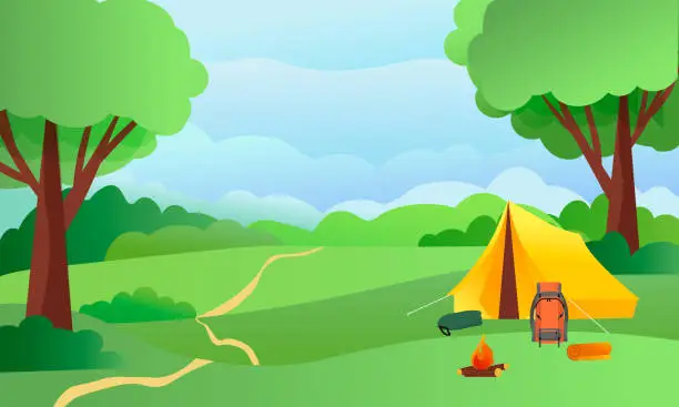 Vector illustration of Camping. Forest glade and tent, fire, backpack. Landscape illustration.