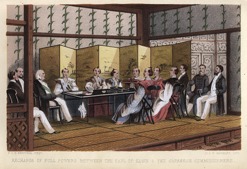 エルギン伯爵ジェームズブルースが日本の委員と会う日英修好通商条約1858年 古風のベクターアート素材や画像を多数ご用意 古風, 日本