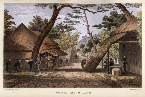 Vintage illustration Village life in Japan in the 19th Century, Japanese history