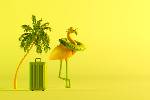 3d rendering of inflatable flamingo with sunglasses and swim ring on yellow background minimal summer travel holiday background.