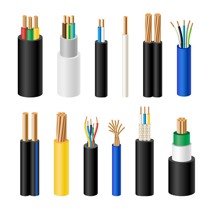 Electric wire, realistic electronic copper cable, colorful rubber insulation. Flexible fiber technology in energy industry, electricity plastic. 3d on white background elements. Vector utter icons