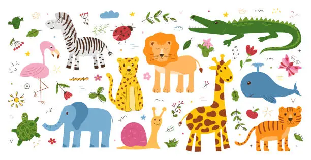 Vector illustration of Cute jungle animal silhouettes, floral elements. Zebra, snail and turtle, tiger baby, lion and giraffe, wild african zoo, safari collection. Childish decor. Vector cartoon utter illustration