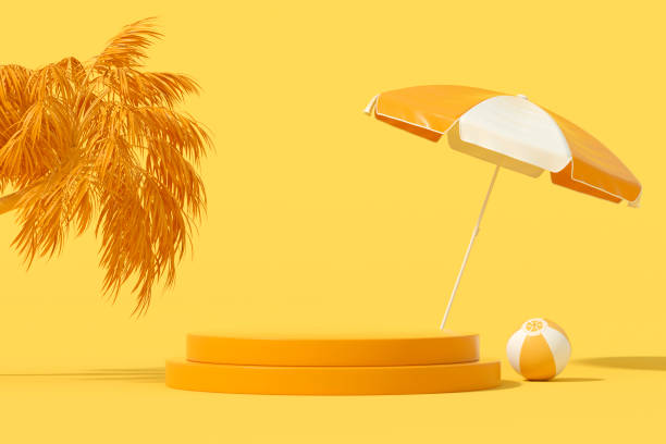 istock Summer podium showcase product presentation with palm tree and beach umbrella on yellow background 1469753676