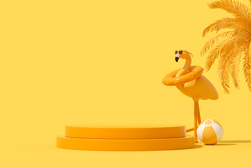 Summer podium showcase product presentation with inflatable flamingo on yellow background, 3d render.