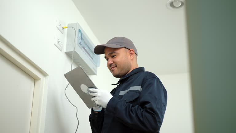 Technicians in uniform installing  network cable and using tablet  for maintenance. Electrician man checking home internet network. Home service concept.