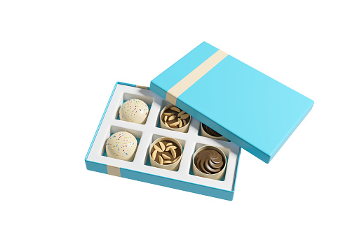 Open blue box with six chocolate sweets on white background. Concept of present and treat. Mockup copy space. 3D rendering