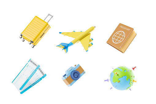 Different travel icons on white blank background. Suitcase, airplane, passport, boarding pass tickets, camera and earth globe. Concept of trip and tourism. 3D rendering