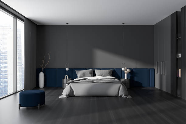 istock Grey bedroom interior with bed and shelf with decoration, panoramic window 1469756766