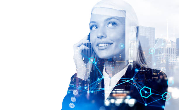 istock Businesswoman talking using smartphone, network connection lines. Copy space 1469757041