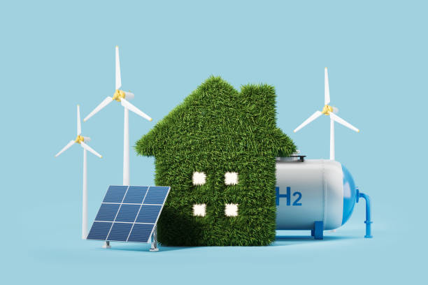 Green home with solar panels and wind power station with hydrogen