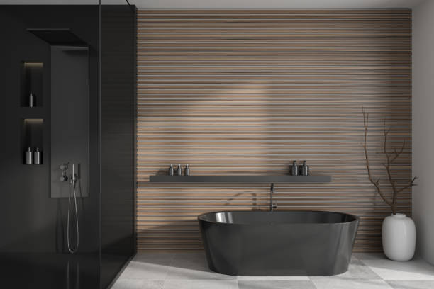 istock Modern bathroom interior with bathtub and douche. Empty wall 1469758242