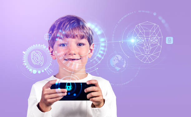 istock Kid working with smartphone, biometric scanning hologram with statistics 1469759031