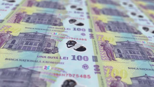 Romanian Leu Printing Press Machine Print out Current Leu Banknotes, Seamless Loop, Romanian Money Currency Background, 4K, Depth of Focus Smoot and Nice stock video