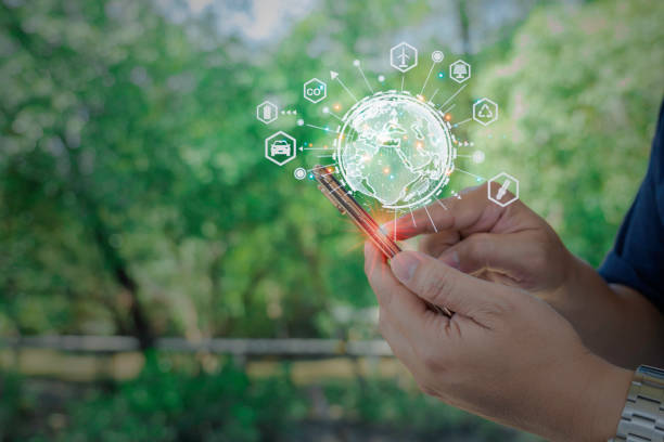 Farmer holding smartphone with modern interface icons, Farmers analyze yields with smart technology for business growth in the farm, ESG, environment icon and ethical business on network connection.