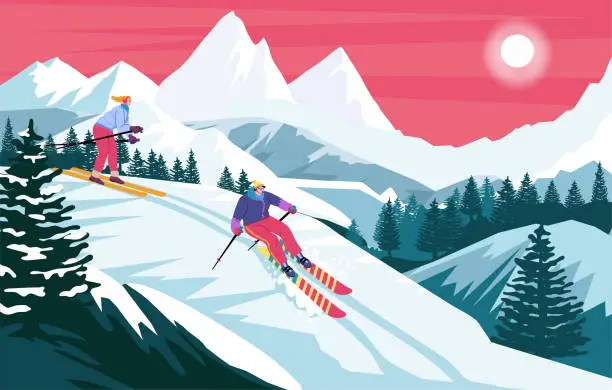 Vector illustration of Mountain snow skier. Winter slalom. Adventures and action in Alps. Cold blue ice. Downhill landscape. Pines and scenic peaks. Ski race. Outdoor sport. Vector flat exact illustration