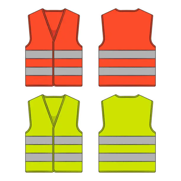 Vector illustration of Set of color illustration with protective vest with reflective stripes. Isolated vector objects.
