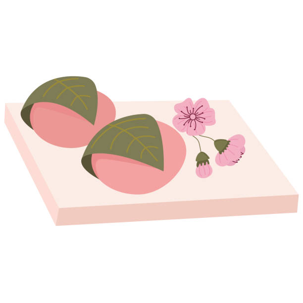 Sakuramochi - Japanese rice cake wrapped in a pickled cherry blossom,sakura leaf Sakuramochi - Japanese rice cake wrapped in a pickled cherry blossom,sakura leaf mochi cherry blossom cake stock illustrations