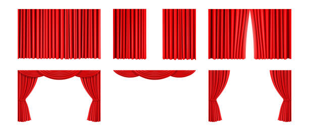 窓や劇場の舞台装飾用の豪華な赤いシルクベルベットのカーテンとカーテンとペルメット。室内装飾デザインのアイデア、3dリアルなコレクション、分離型ベクターイラスト - カーテン点のイラスト素材／クリップアート素材／マンガ素材／アイコン素材