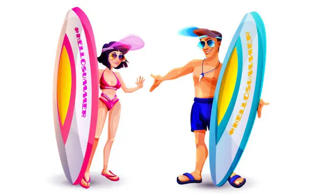 Vector illustration of Beach holiday concept in cartoon style. Young couple of male and female tourists in swimsuits on an isolated white background.