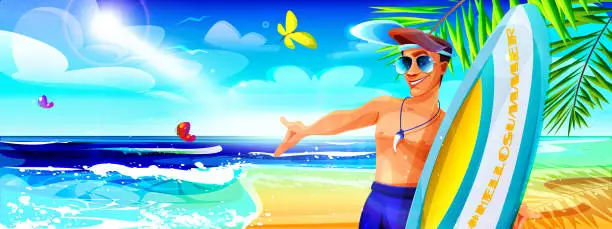 Vector illustration of Beach holiday concept in cartoon style. Male tourist with a surfboard on the seashore on a clear sunny summer day.