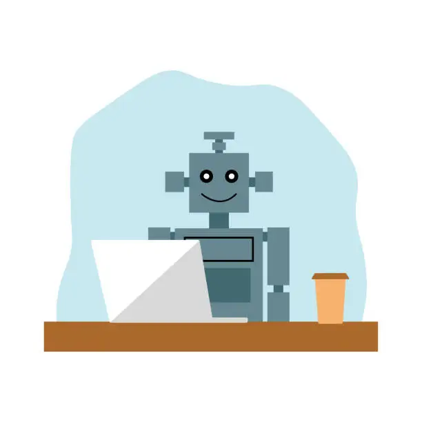 Vector illustration of The robot sits with a laptop, vector.