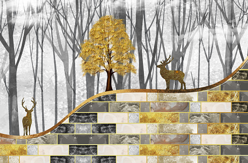 3d mural wallpaper. golden, gray and black wall bricks. golden tree and deers in light floral background