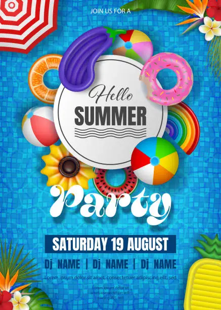 Vector illustration of summer party poster with colorful inflatables ond pool water. pool party flyer