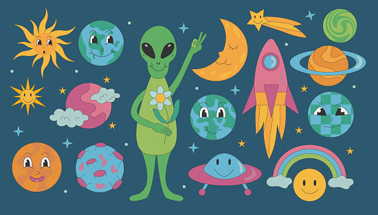 Groovy different planets with character and alien, sun, moon on a dark background in retro style.