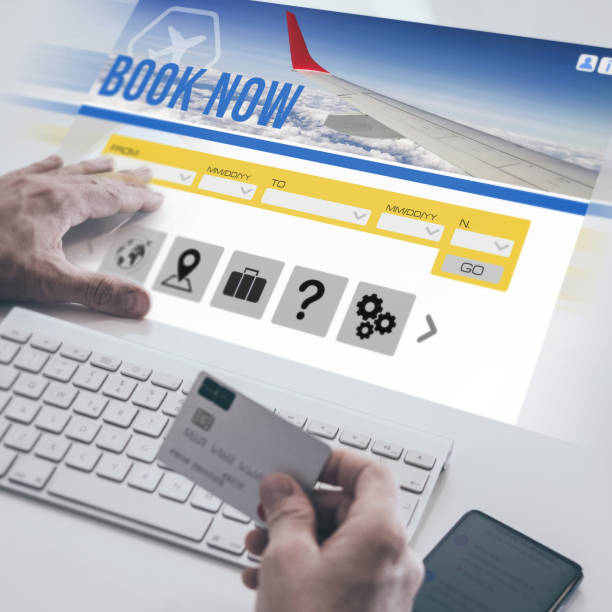 istock Businessman booking and pay flight ticket on virtual desktop screen. Plan travel, book business trip 1469770480
