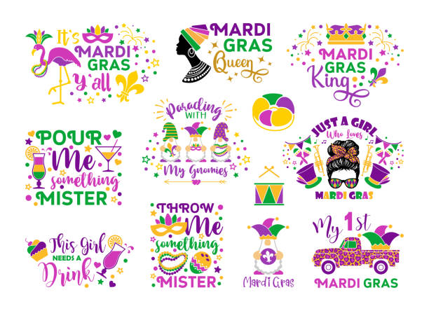 ilustrações de stock, clip art, desenhos animados e ícones de mardi gras carnival lettering quotes flat style. collection mask with feathers, beads, jester hat, fleur de lis - mardi gras new orleans feather mask