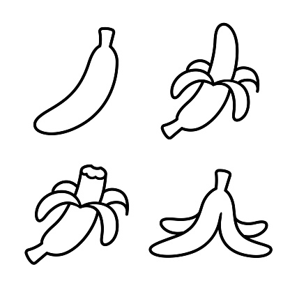 Doodle banana black and white line icons: whole, peeled, bitten and empty peel. Simple drawing, vector clip art illustration.