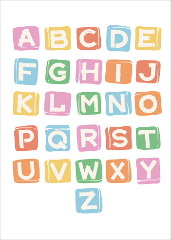 Alphabetic font. Poster with colorful letters on cubes. Template design. Vector typography. Vector design element.