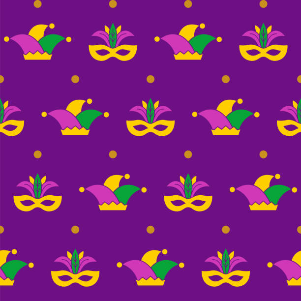ilustrações de stock, clip art, desenhos animados e ícones de mardi gras seamless pattern with masks with feathers and jester s hats. abstract background. - mardi gras new orleans feather mask