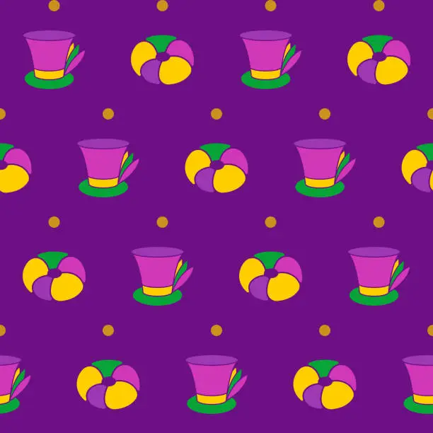 Vector illustration of Mardi Gras seamless pattern with cylinders with feathers and king Cake. Abstract background.