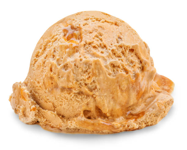 istock Caramel Ice cream scoop isolated on a white background with caramel syrup 1469771936