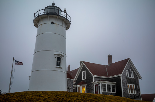 Portland Head Lighthouse in Cape Elizabeth, New England, Maine, USA.  One Of The Most Iconic And Beautiful Lighthouses.