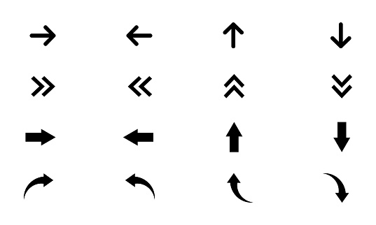 Vector set of arrows : up, down, right and left. Arrows ways and paths. Vector 10 Eps.