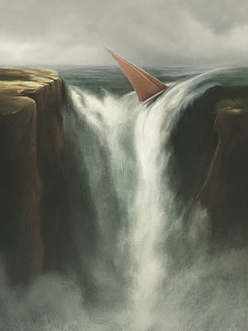 Illustration of sailboat falling into a waterfall, failure natural abstract concept