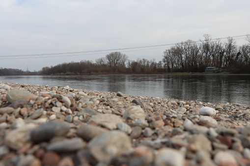 Ticino river - Bereguardo - Italy - February 25, 2023. Ticino river at low level due to lack of rain.