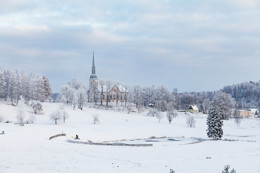 Otepaa church on picturesque hill at winter. NatGeo listed sight.