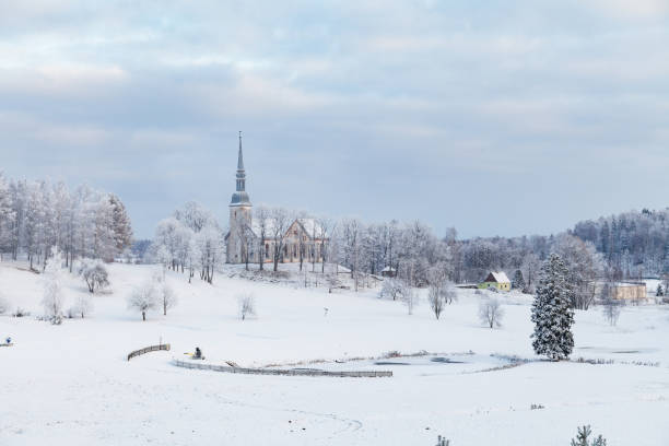 Otepaa church on picturesque hill at winter. NatGeo listed sight. stock photo