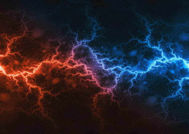 istock Hot orange and cold blue electrical lightning background 1469777503