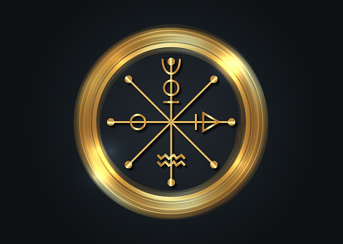 The Wheel of Fotune tarot symbol, gold worldwide ancient sign, the cycle of life, magical witch talisman lucky charm, golden round icon of sacred geometry isolated on black background