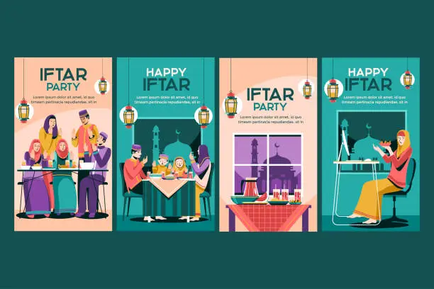 Vector illustration of Happy Iftar Moslem Family social media story design