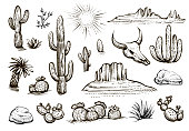 istock Desert set vector sketches. Hand drawn cactus, rocks, skull, and desert elements. 1469781229